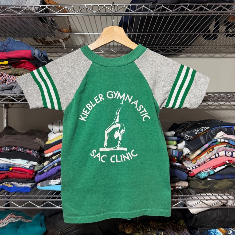 True Vintage 70's Kiebler Gymnastic T-Shirt Youth Green Raglan Baseball Tee